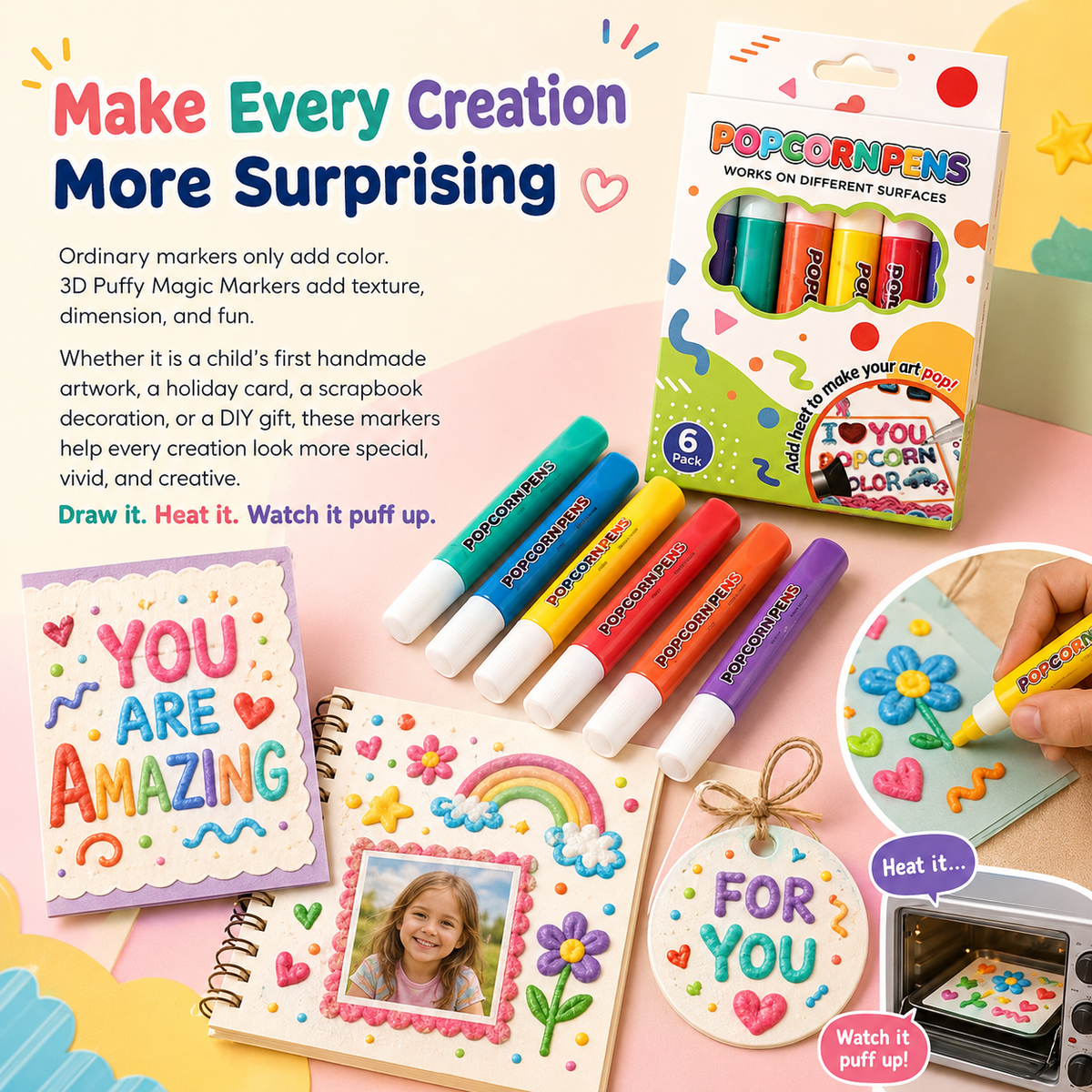 🧨 3D Puffy Magic Markers – Draw, Heat & Watch Your Art Puff Up🎁